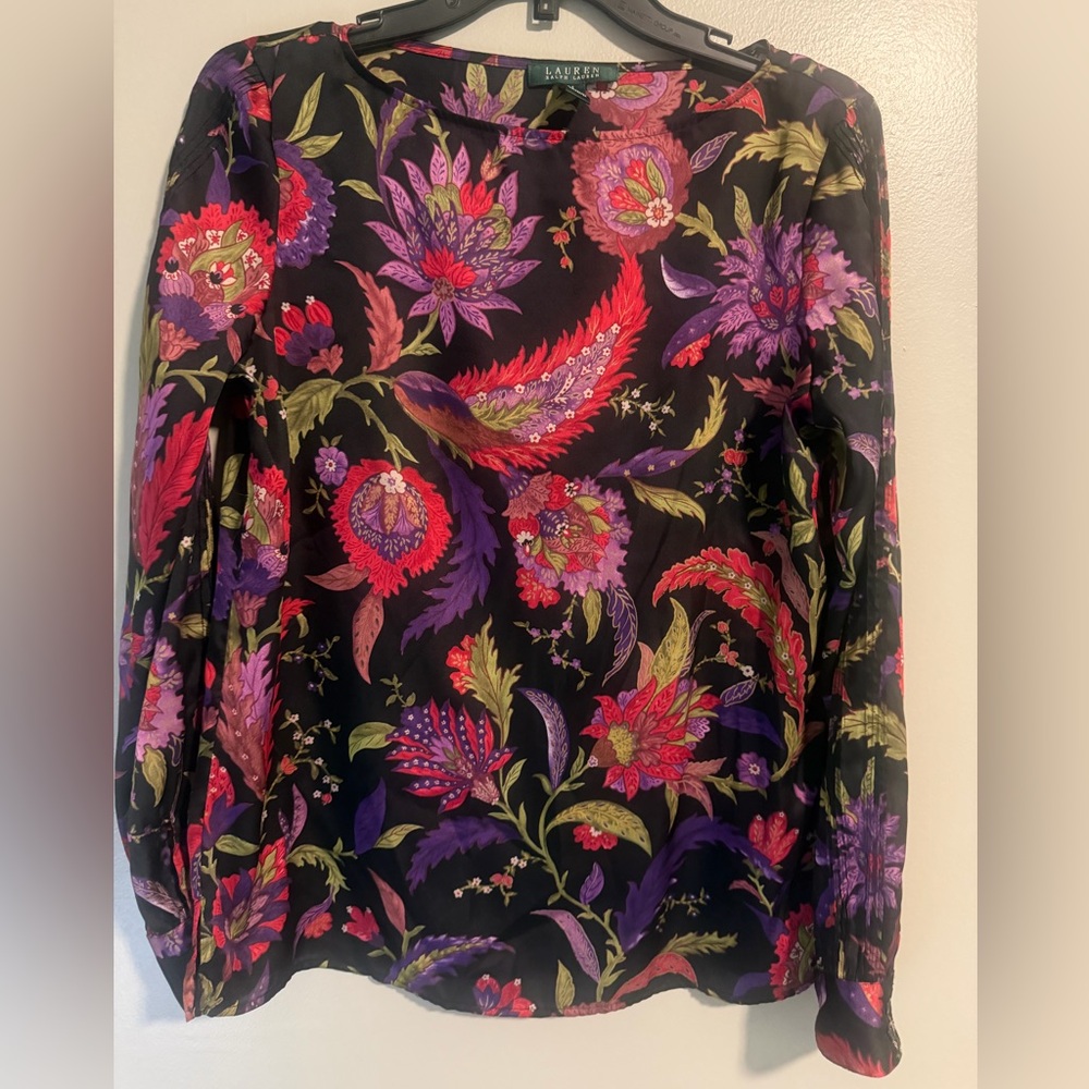 Lauren Ralph Lauren Black Pink Floral Paisley blouse long sleeve size medium